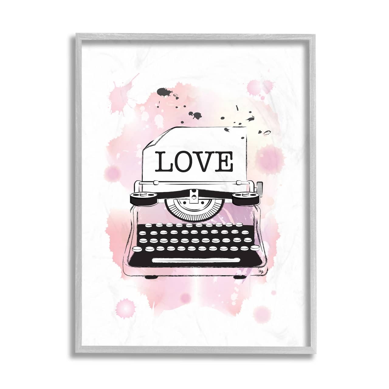 Stupell Industries Retro Pink Typewriter Love Text Paint Splash in Gray Frame Wall Art